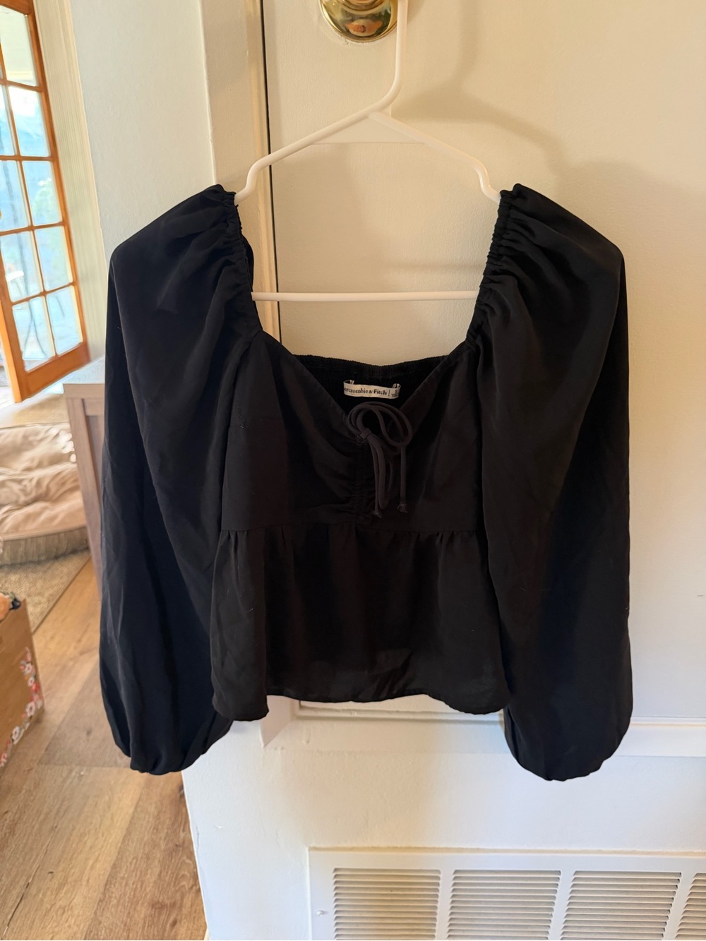 Abercrombie & Fitch Black Peasant Blouse with Front Tie